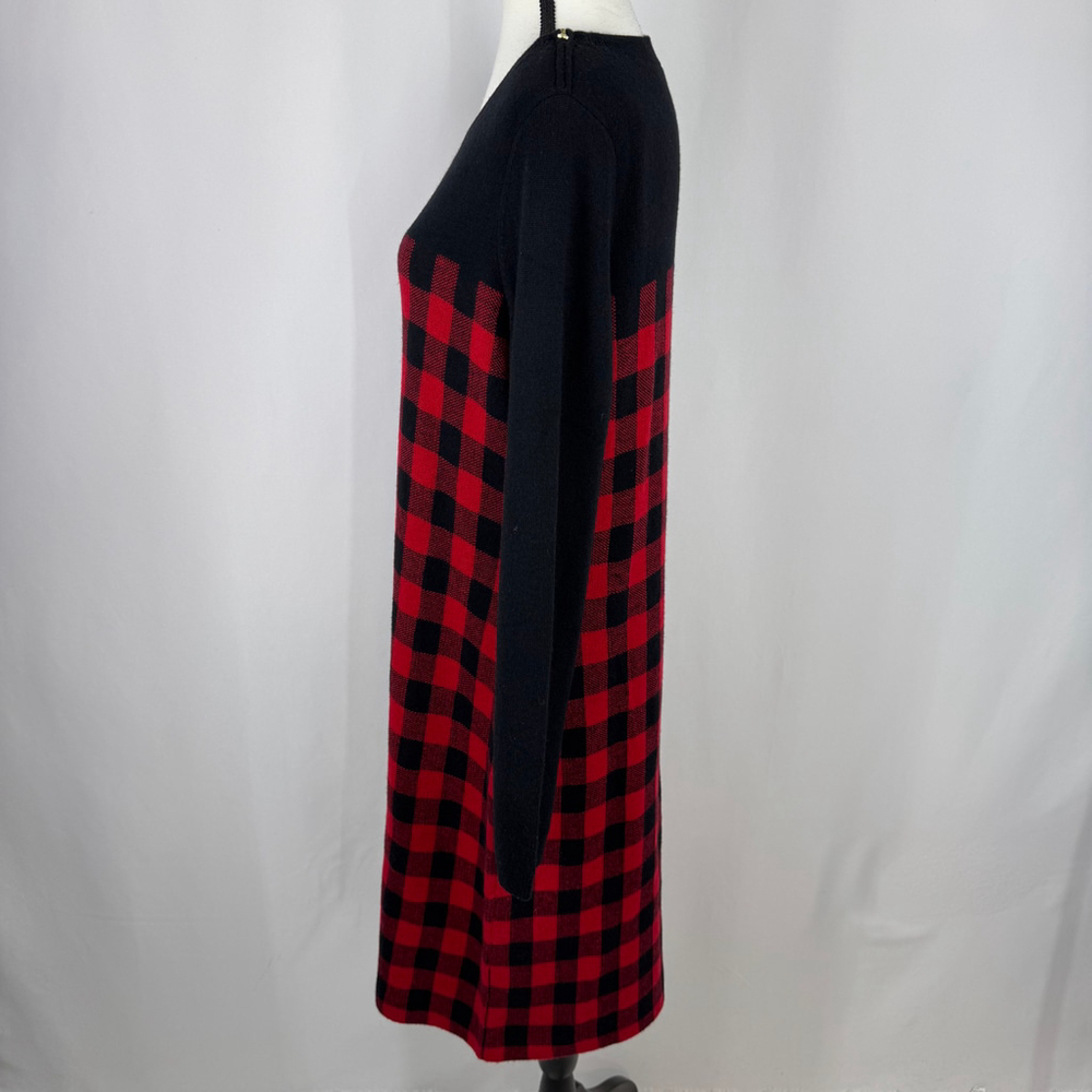 Talbots Sweater Dress Large Red Black Gingham Plaid Shoulder Zip Lambswool Blend - Picture 5 of 13
